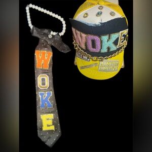 WOKE Embroidered Yellow Cap & Matching Accent Tie Set